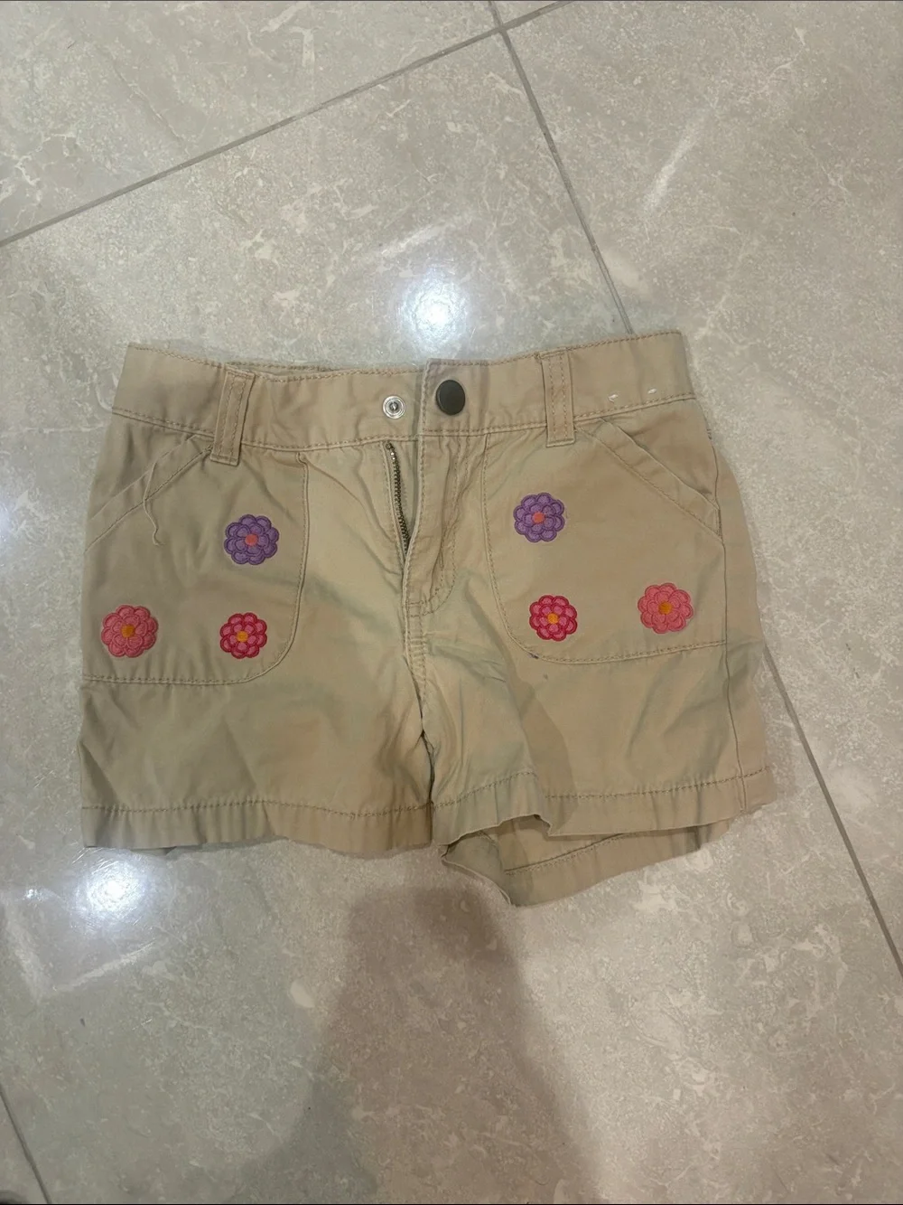 Gymboree Tan Shorts with Pink and Purple Flower Embroidery